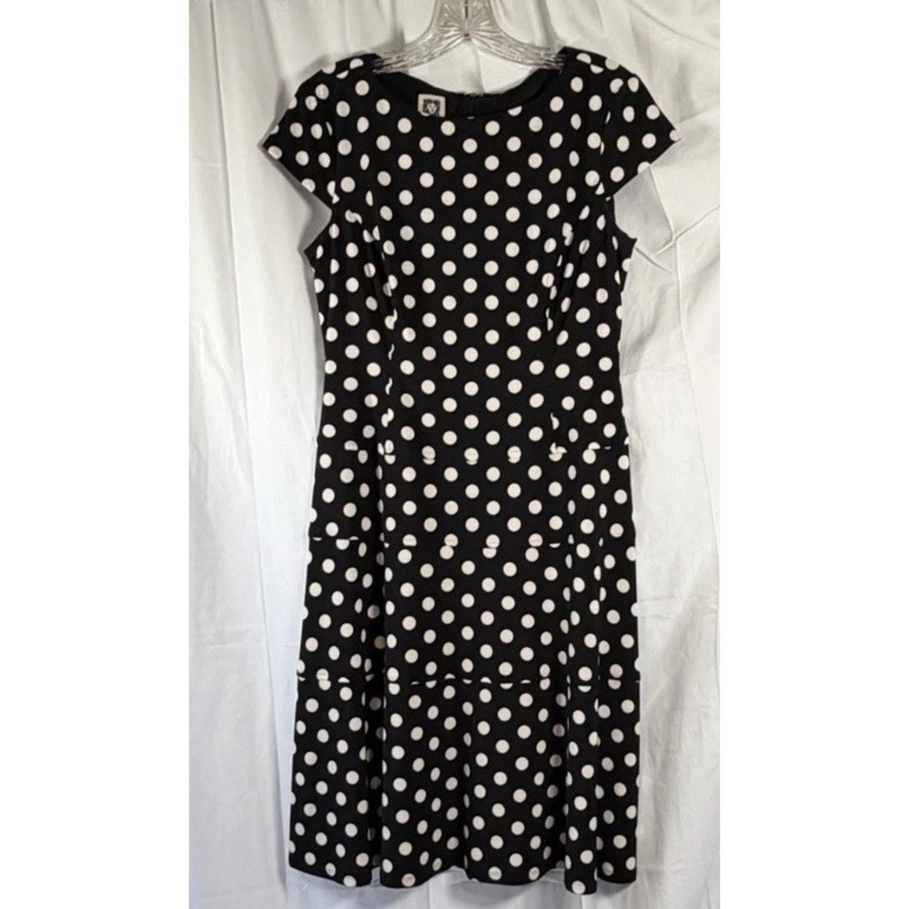 AK by Anne Klein Size 8 Cap Sleeve Black  &‎ White Polka Dot A-Line Dress - Picture 4 of 16